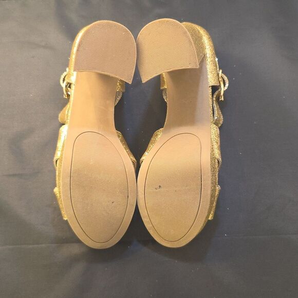 SUGAR LEEZA GOLD GLITTER CRISS-CROSS STRAP BLOCK HEEL HEIGHT SANDAL - Picture 12 of 16